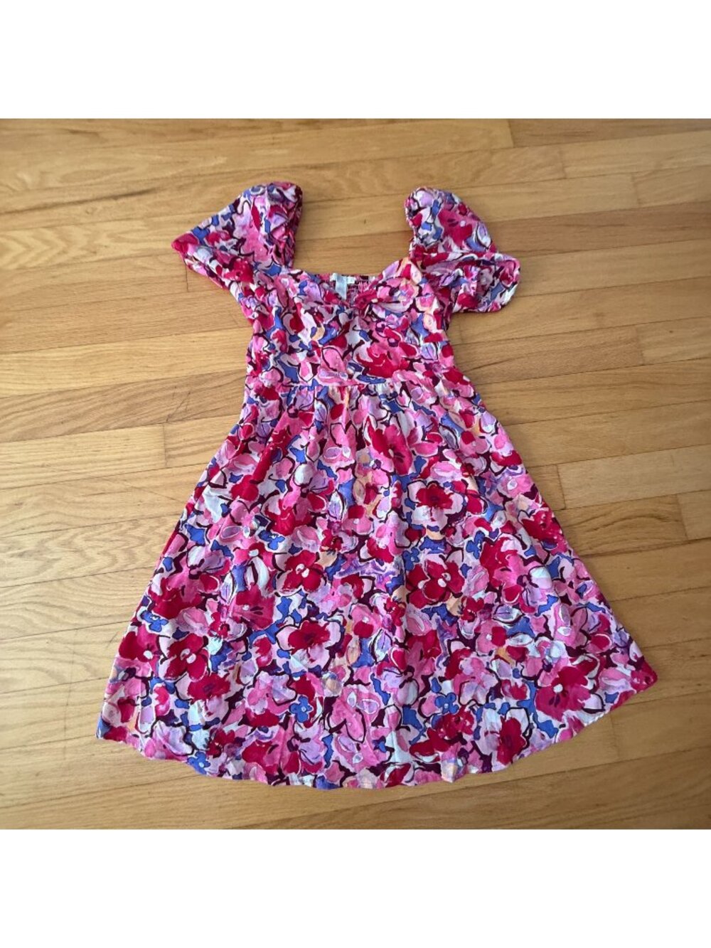 London Times Women's 8 Petite Pink/Purple Sweetheart-Neck Puff-Sleeve Dress